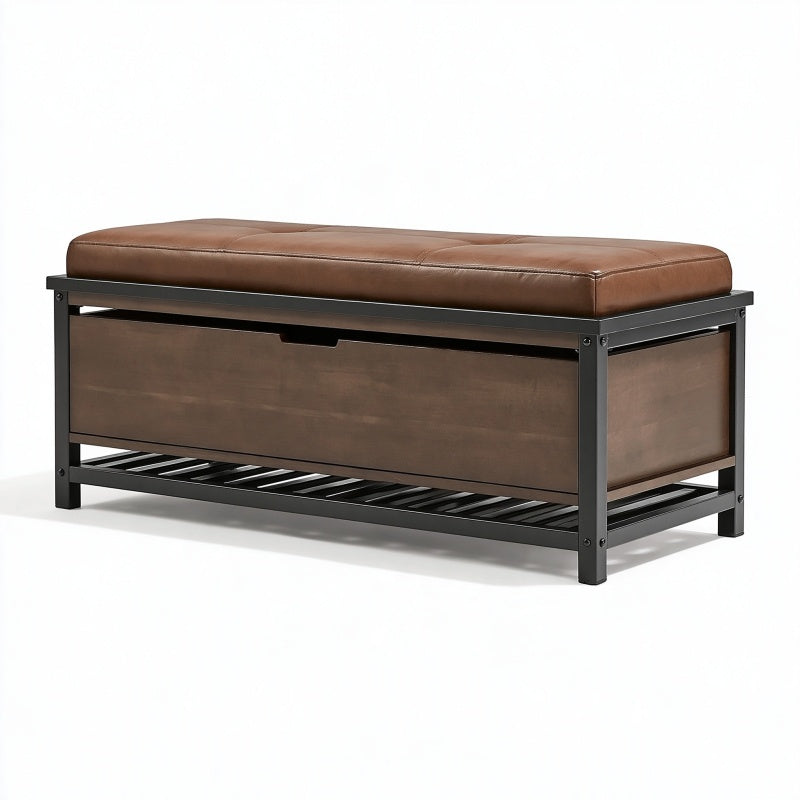 Panca contenitore 100 x 40 x 50 cm in effetto pelle marrone e metallo nero per ingresso stile industriale