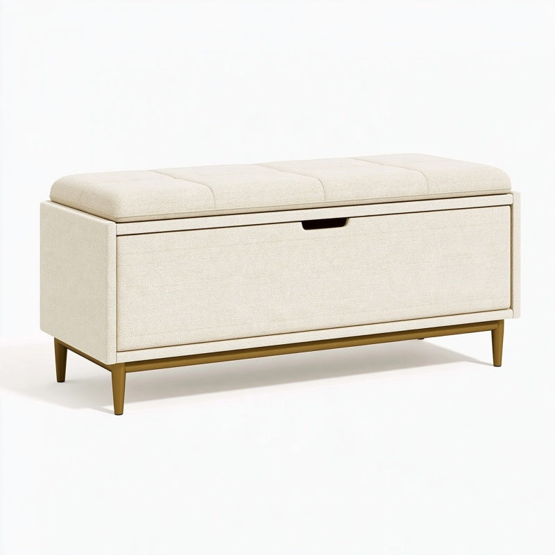 Panca contenitore 120 x 45 x 50 cm in tessuto avorio con seduta imbottita stile moderno