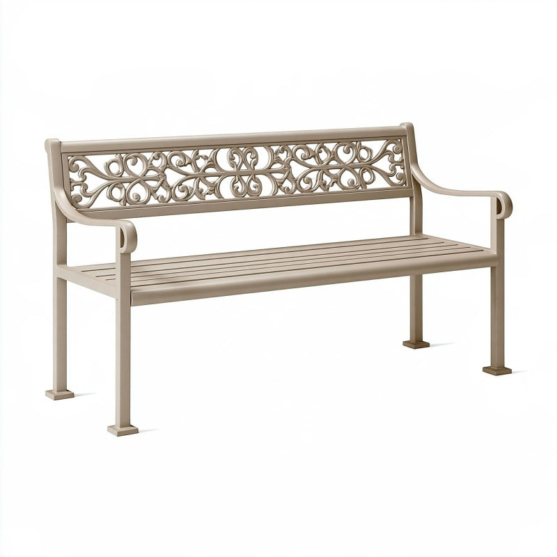 Panca da giardino 150 x 60 x 85 cm in metallo beige stile classico con schienale decorativo