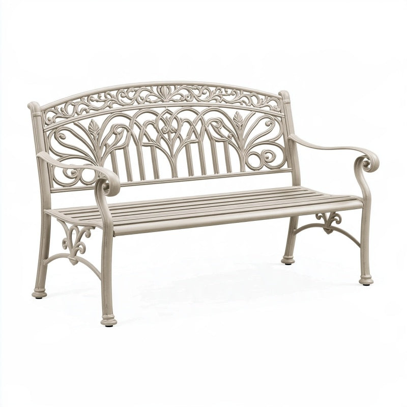 Panca da giardino 120 cm in metallo beige stile classico con braccioli