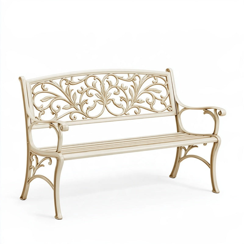 Panca da giardino 150 x 60 x 90 cm in metallo avorio - schienale decorativo con braccioli