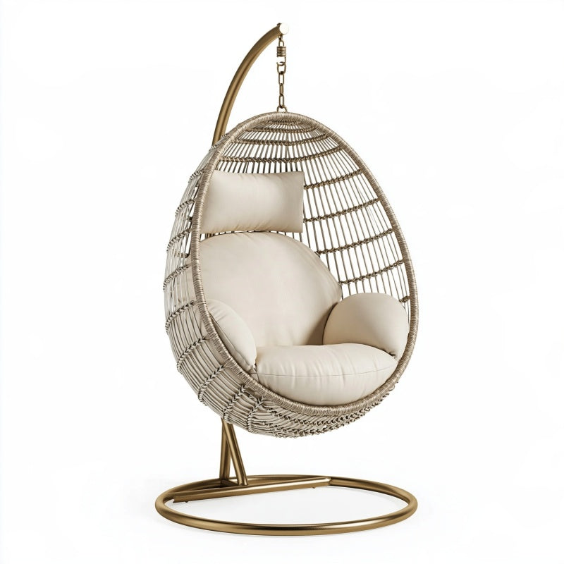 Poltrona sospesa 105 x 105 x 195 cm in rattan sintetico beige con struttura in metallo dorato - design a uovo