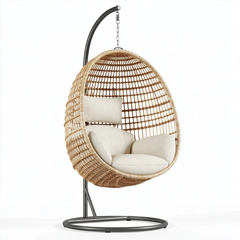 Poltrona sospesa 105 x 105 x 195 cm in fibra intrecciata beige con supporto in acciaio per interno